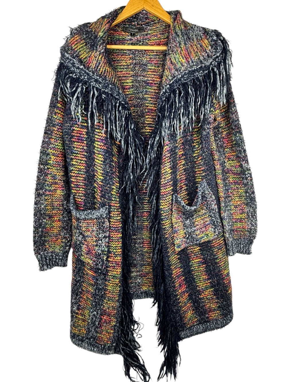 Minkas 2 Pocket Open Colourful Knit Fringe Collar & Hemline Cardigan Sweater S